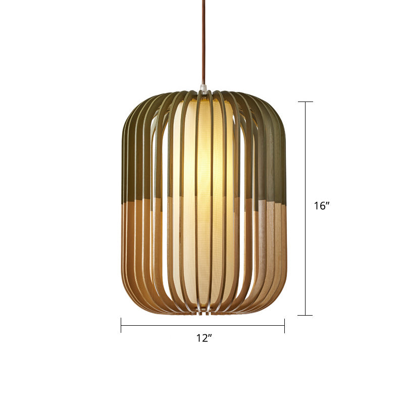 Modern Asian Bird Cage Ceiling Light - Wooden Single Pendant Lamp For Restaurants In Yellow-Green