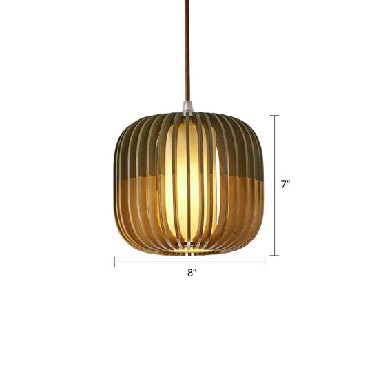 Modern Asian Bird Cage Ceiling Light - Wooden Single Pendant Lamp For Restaurants In Yellow-Green