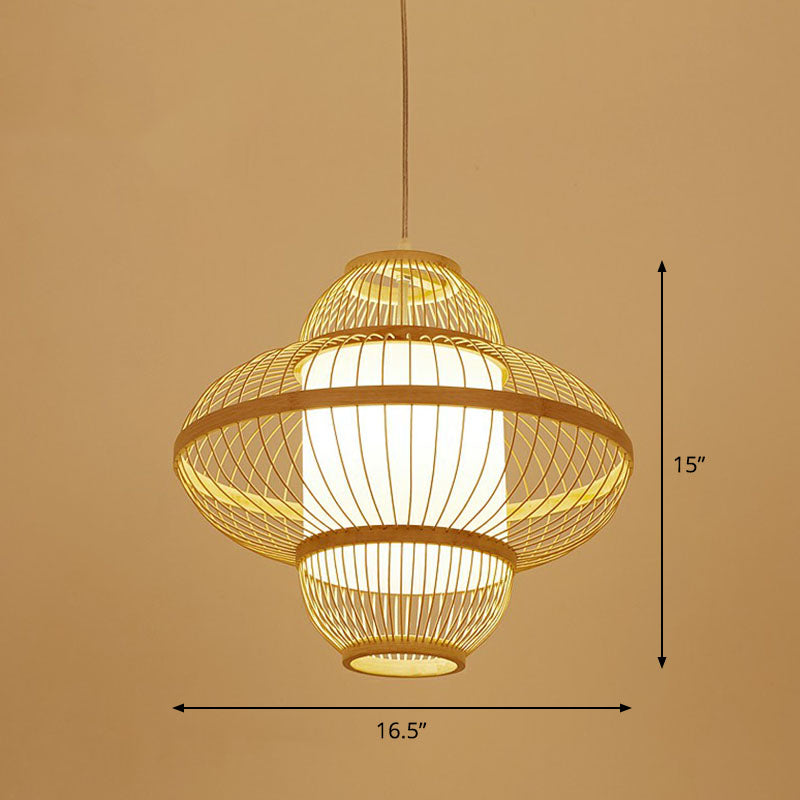 Modern Bamboo Lantern Pendant Light For Restaurants - Single Wood Hanging Ceiling Fixture / 16.5