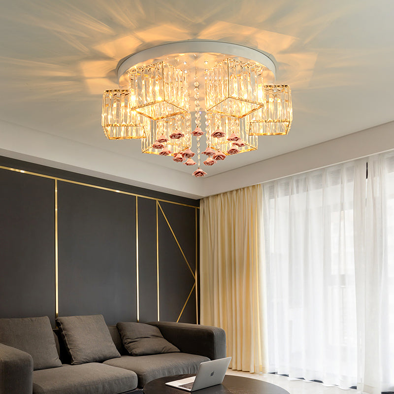 Modern Cubic Flush Mount Crystal Ceiling Light With Pink Rose Draping - 19.5/23.5 Dia 5/6 Heads