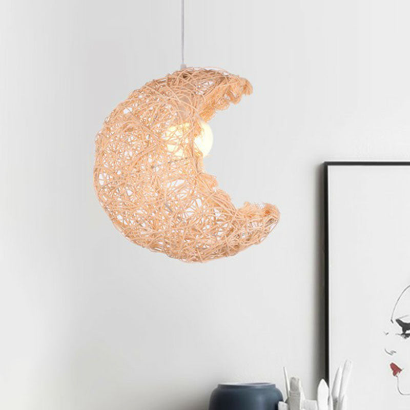 South-East Asian Crescent Shade Rattan Hanging Lamp For Tea Rooms - 1 Bulb Ceiling Lighting Wood