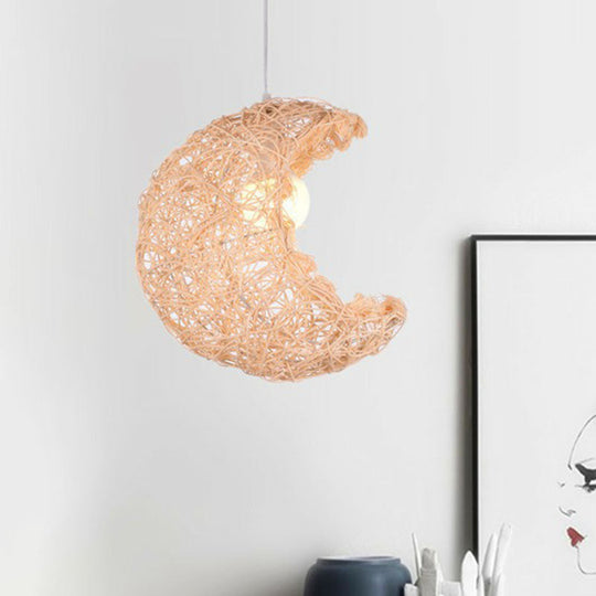 South-East Asian Crescent Shade Rattan Hanging Lamp For Tea Rooms - 1 Bulb Ceiling Lighting Wood