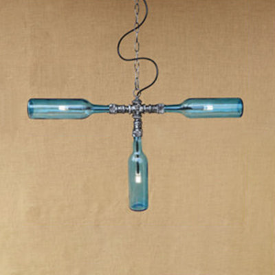 Antique Style 3-Light Pendant Lamp with Blue/Clear Glass Bottle Shades - for Restaurants and Bars