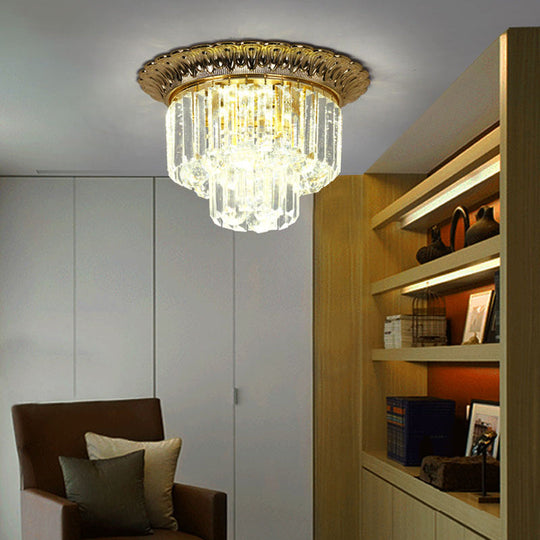 2-Tier Minimalist Crystal Flush Light with LED Golden Indoor Ceiling Lighting, 14"/16" Diameter