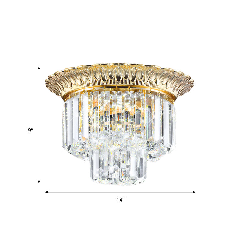 2-Tier Minimalist Crystal Flush Light with LED Golden Indoor Ceiling Lighting, 14"/16" Diameter