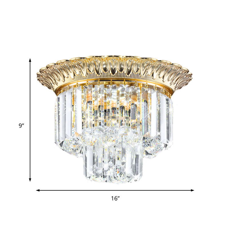 2-Tier Minimalist Crystal Flush Light with LED Golden Indoor Ceiling Lighting, 14"/16" Diameter