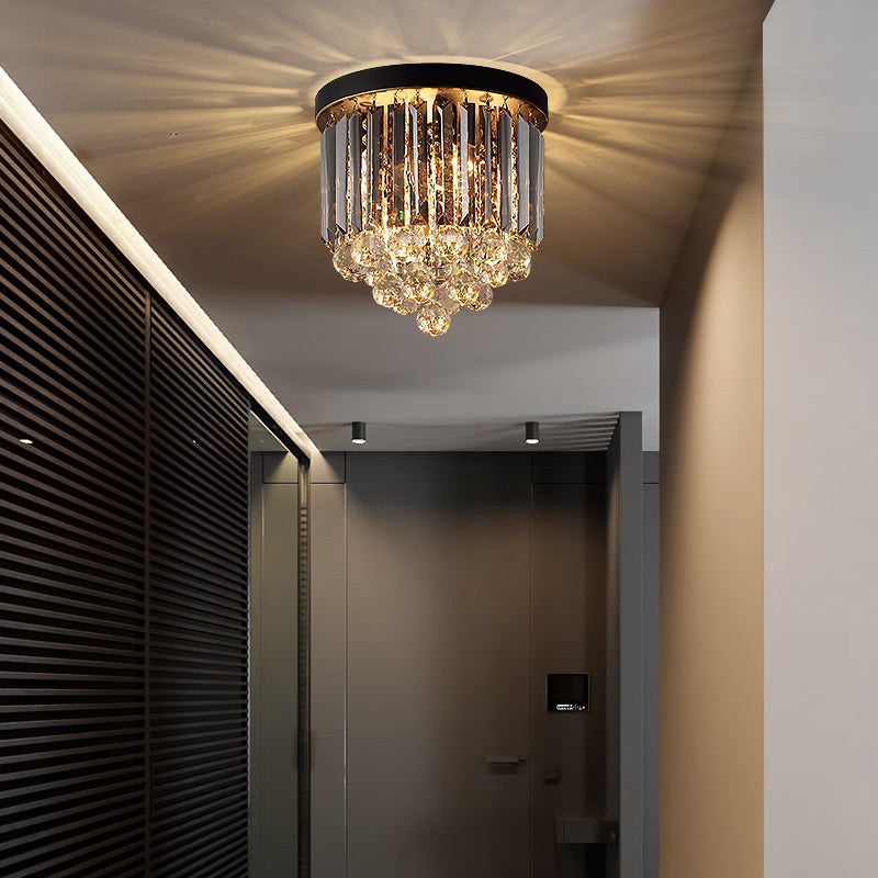 Minimalist Crystal Flushmount Lighting - Black Cylindrical Corridor Ceiling Flush Light (10"/12"/16") with 2/4/7 Lights