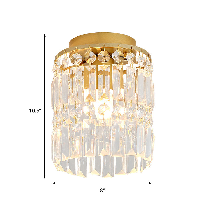 Simple Black/Gold Cylinder Crystal Ceiling Flush Mount - 1-Light Corridor Mini Flush Lamp