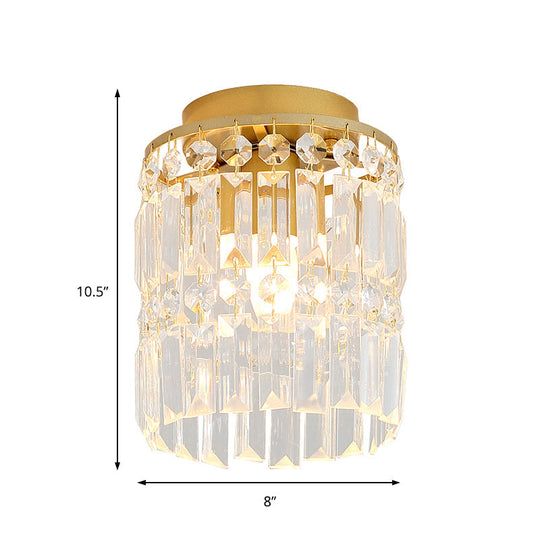 Simple Black/Gold Cylinder Crystal Ceiling Flush Mount - 1-Light Corridor Mini Flush Lamp