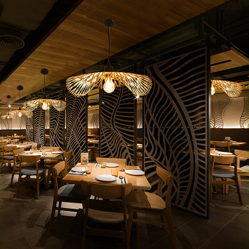 Bamboo Asian Style Ceiling Light With Lotus Leaf Design - 1 Bulb Wood Fixture