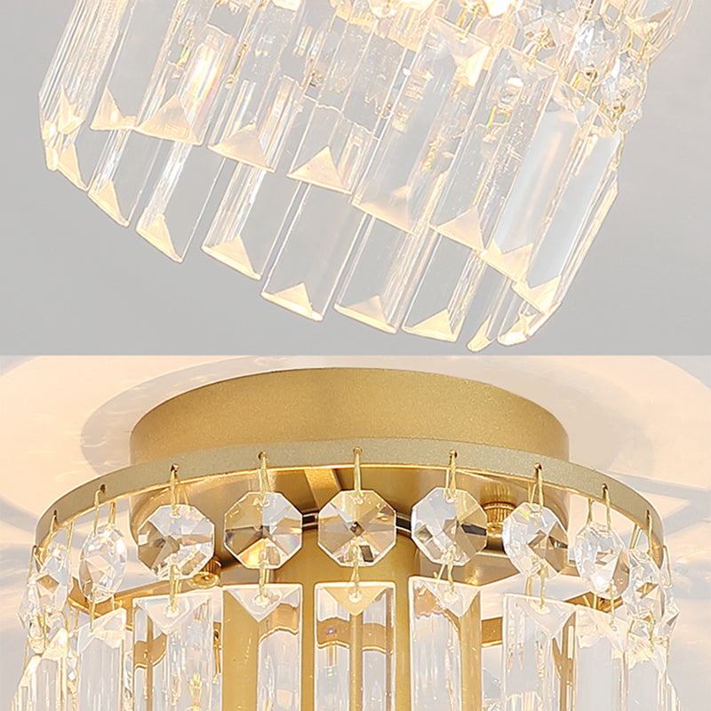 Simple Black/Gold Cylinder Crystal Ceiling Flush Mount - 1-Light Corridor Mini Flush Lamp
