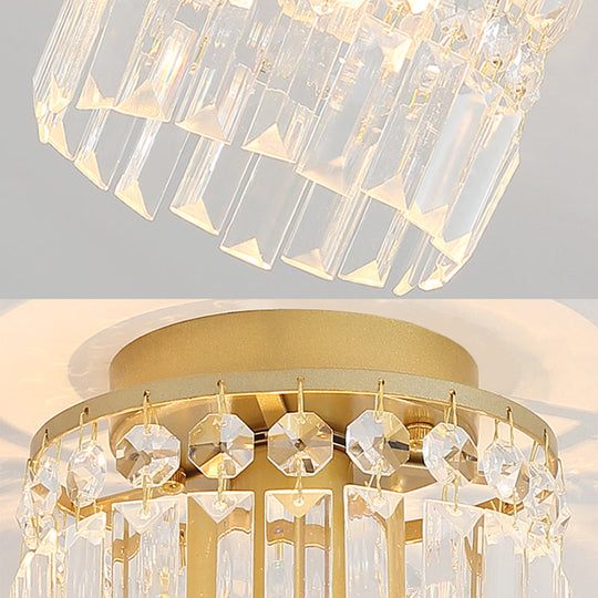 Simple Black/Gold Cylinder Crystal Ceiling Flush Mount - 1-Light Corridor Mini Flush Lamp