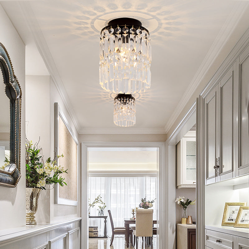 Simple Black/Gold Cylinder Crystal Ceiling Flush Mount - 1-Light Corridor Mini Flush Lamp