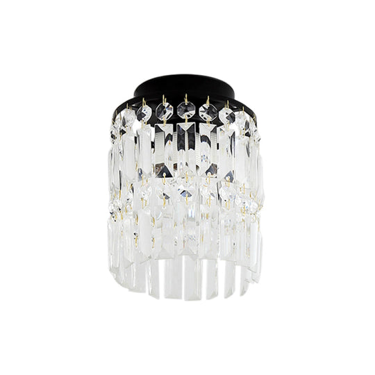 Simple Black/Gold Cylinder Crystal Ceiling Flush Mount - 1-Light Corridor Mini Flush Lamp