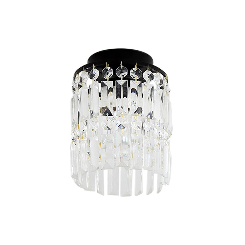 Simple Black/Gold Cylinder Crystal Ceiling Flush Mount - 1-Light Corridor Mini Lamp