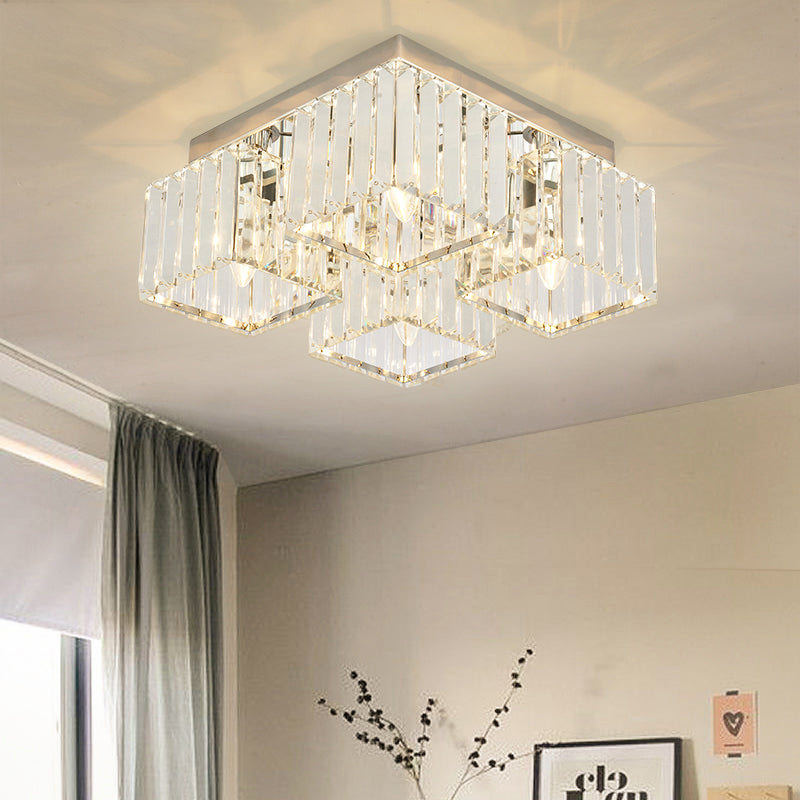 Simplicity Crystal Flush Light Fixture with Chrome Ceiling Mount - 4/6 Heads for Living Room