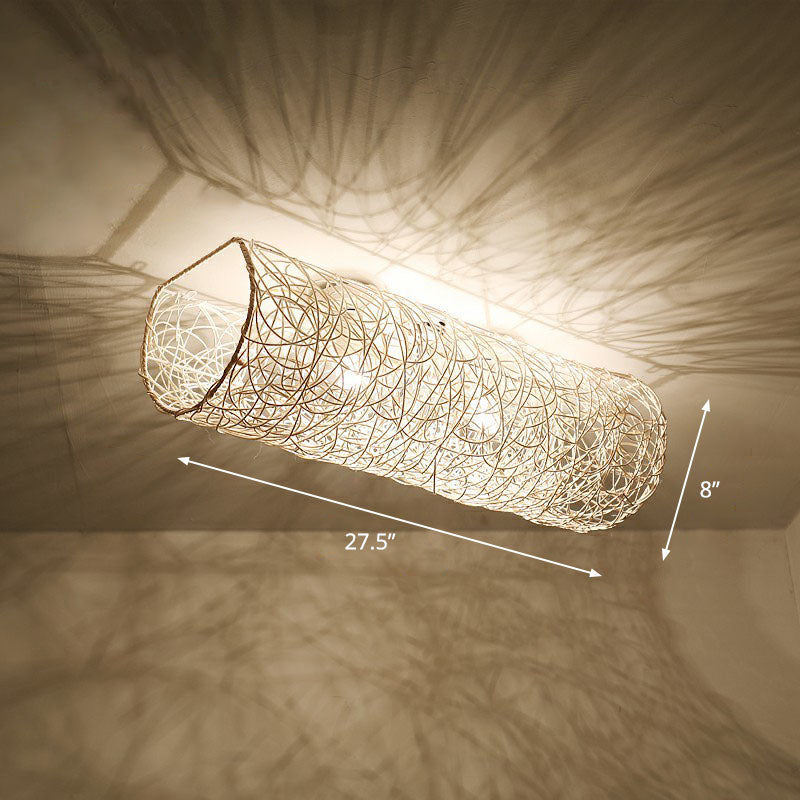 Simplicity Rattan Flush Mount Ceiling Light - Cylindrical Restaurant Lighting