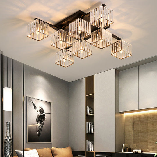 Modern Black/Gold Cubic Flush Mount Crystal Ceiling Lighting - 4/6/8 Lights - for a Stylish Living Room