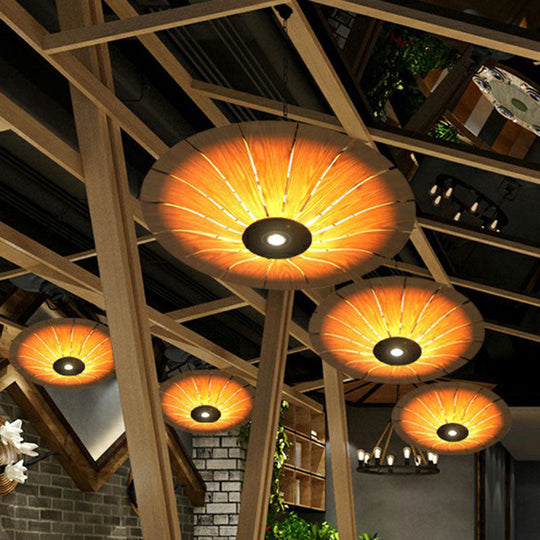 Wooden Asian Umbrella Chandelier Pendant Light With 3 Bulbs - Perfect For Restaurants