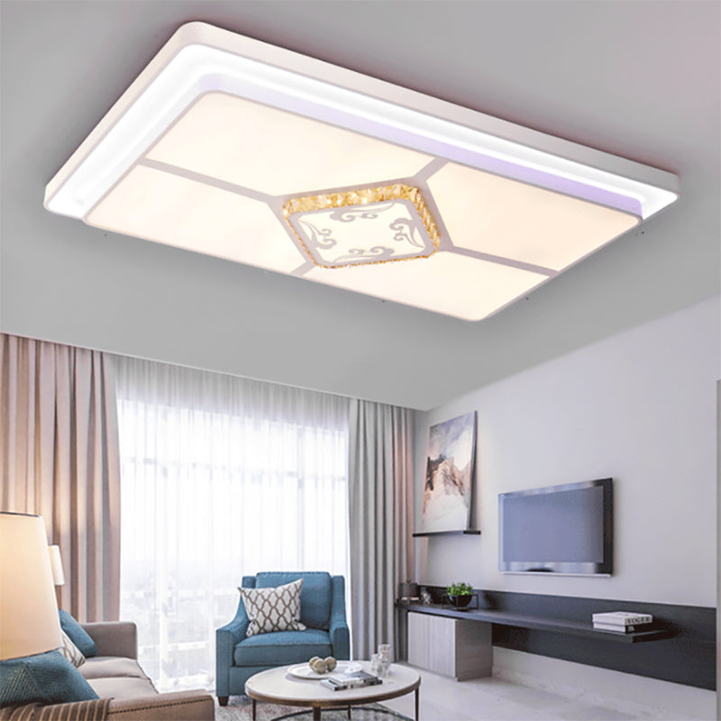 Minimal LED White Flush Mount Ceiling Light for Living Room - Crystal Square/Rectangular Lamp