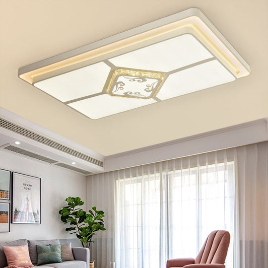 Minimal Led White Flush Mount Ceiling Light For Living Room - Crystal Square/Rectangular Lamp