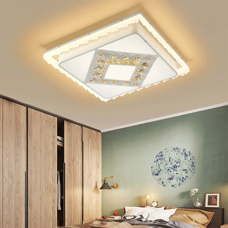 Modern LED Crystal Ceiling Lamp - White Square/Rectangular Flush Mount Light, Warm Illumination