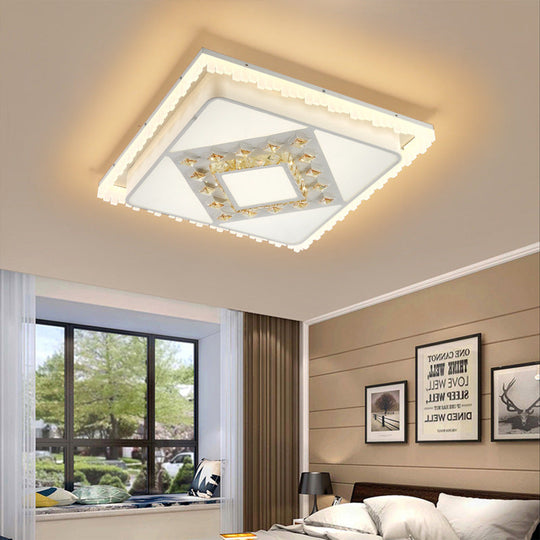 Modern Square/Rectangle Flush Crystal LED Ceiling Light in White for Living Room