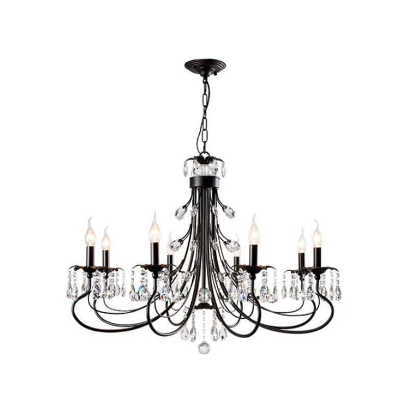 Traditional Iron Tiered Candle Chandelier Pendant with Crystal Drops - 6/8/12 Lights, Black Hanging Light