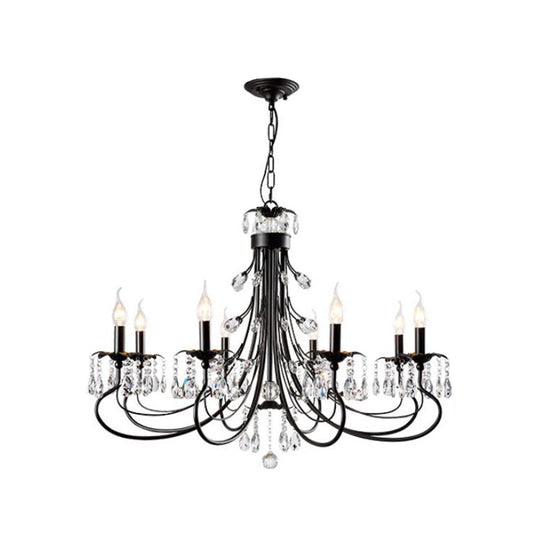 Traditional Iron Tiered Candle Chandelier Pendant with Crystal Drops - 6/8/12 Lights, Black Hanging Light