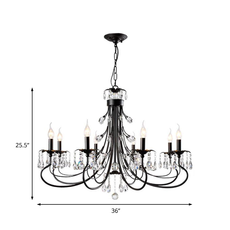 Traditional Iron Tiered Candle Chandelier Pendant with Crystal Drops - 6/8/12 Lights, Black Hanging Light