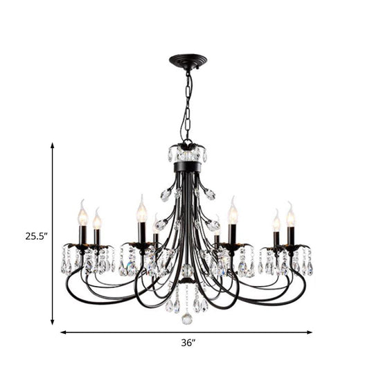 Traditional Iron Tiered Candle Chandelier Pendant with Crystal Drops - 6/8/12 Lights, Black Hanging Light