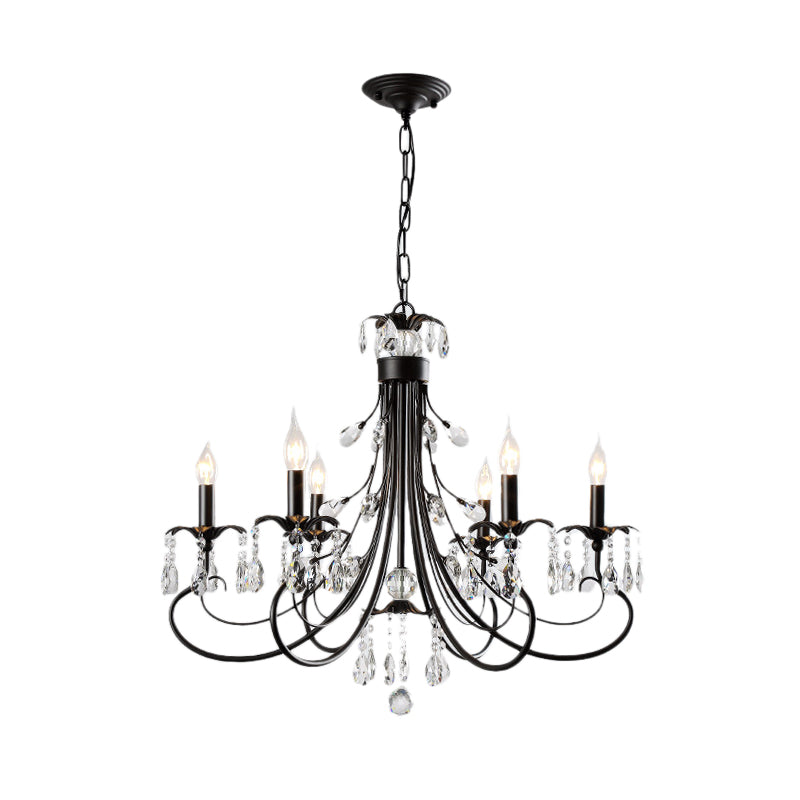 Traditional Iron Tiered Candle Chandelier Pendant with Crystal Drops - 6/8/12 Lights, Black Hanging Light