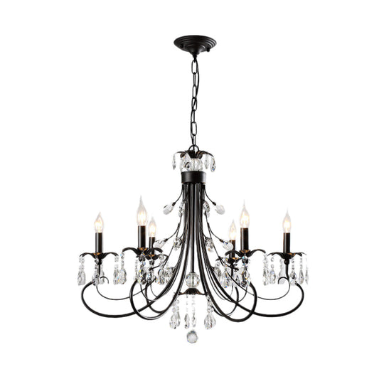 Traditional Iron Tiered Candle Chandelier Pendant with Crystal Drops - 6/8/12 Lights, Black Hanging Light