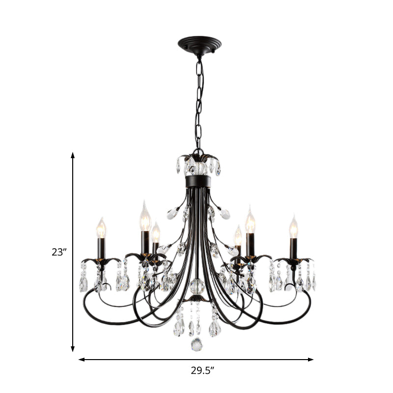 Traditional Iron Tiered Candle Chandelier Pendant with Crystal Drops - 6/8/12 Lights, Black Hanging Light