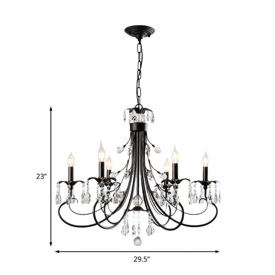 Traditional Iron Tiered Candle Chandelier Pendant with Crystal Drops - 6/8/12 Lights, Black Hanging Light