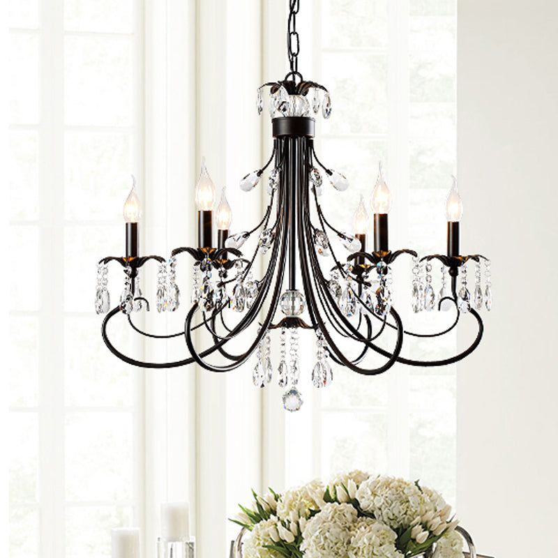 Traditional Iron Tiered Candle Chandelier Pendant with Crystal Drops - 6/8/12 Lights, Black Hanging Light