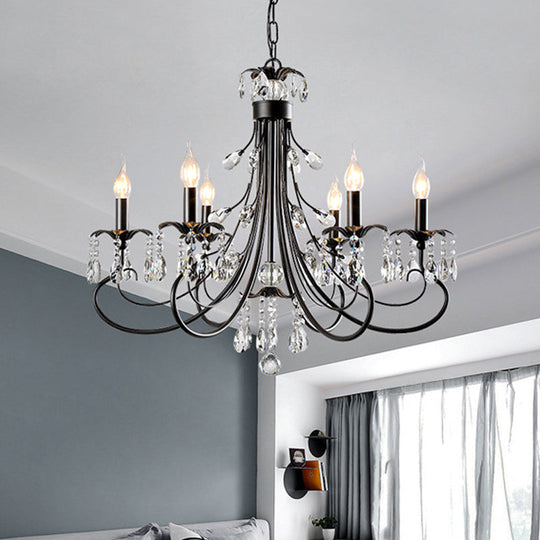 Traditional Iron Tiered Candle Chandelier Pendant with Crystal Drops - 6/8/12 Lights, Black Hanging Light