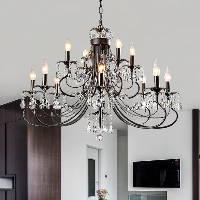 Traditional Iron Tiered Candle Chandelier Pendant with Crystal Drops - 6/8/12 Lights, Black Hanging Light
