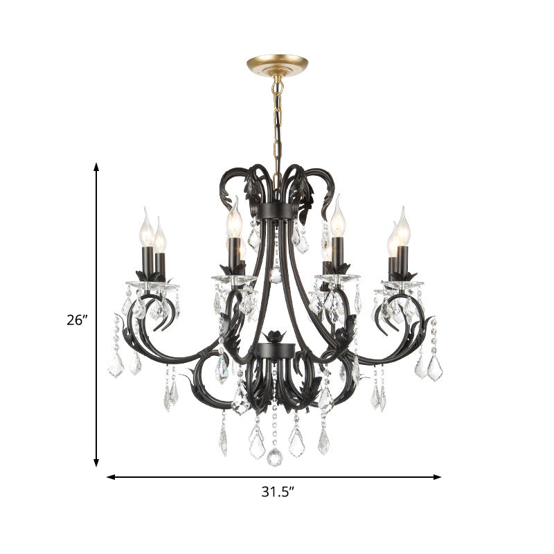 Black Candle Chandelier with Crystal Drops - Traditional Ceiling Pendant Lamp (6/8 Lights)