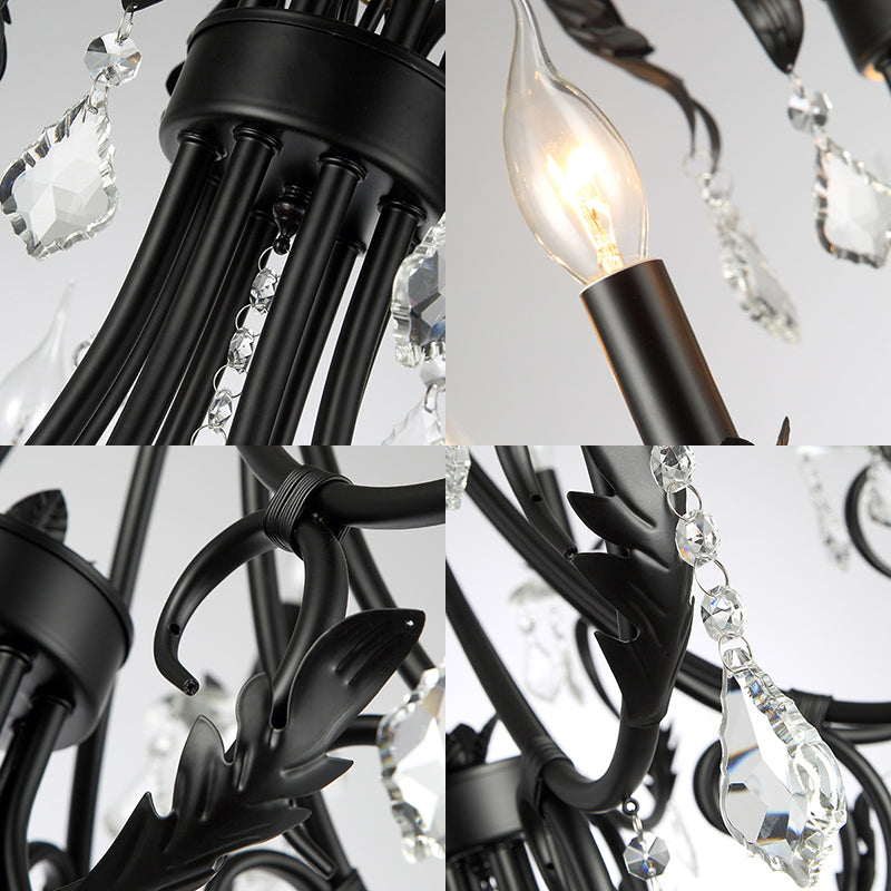 Black Candle Chandelier with Crystal Drops - Traditional Ceiling Pendant Lamp (6/8 Lights)