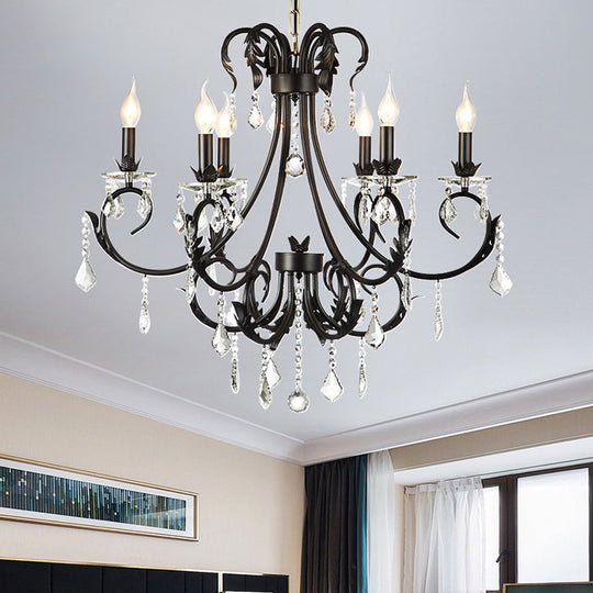 Black Candle Chandelier with Crystal Drops - Traditional Ceiling Pendant Lamp (6/8 Lights)