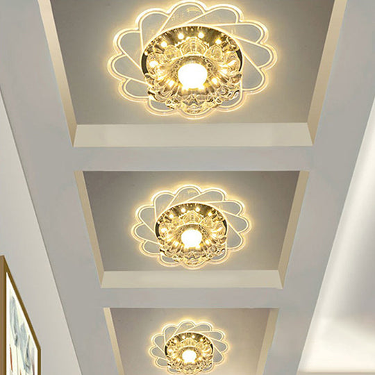 Modern Crystal Led Flush Ceiling Light For Hallway - Clear Floral Mount Fixture