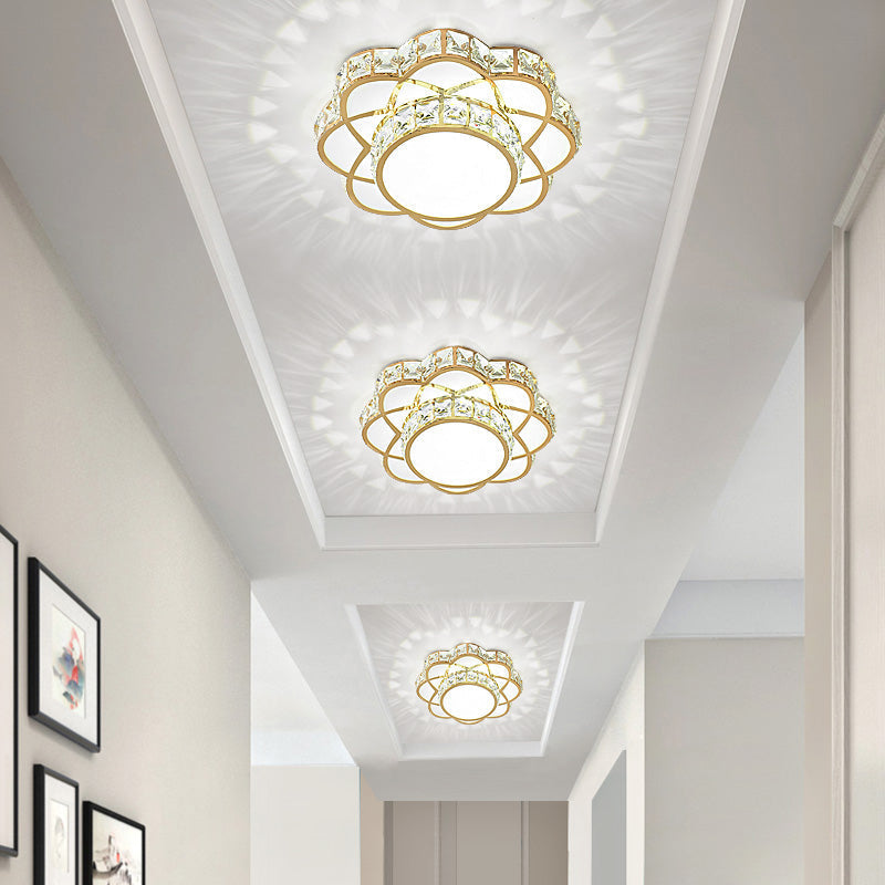 Crystal-Encrusted Gold Flush Mount Ceiling Light with Contemporary Floral Design and LED Technology