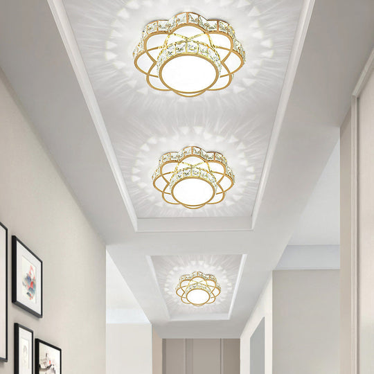Crystal-Encrusted Gold Flush Mount Ceiling Light with Contemporary Floral Design and LED Technology
