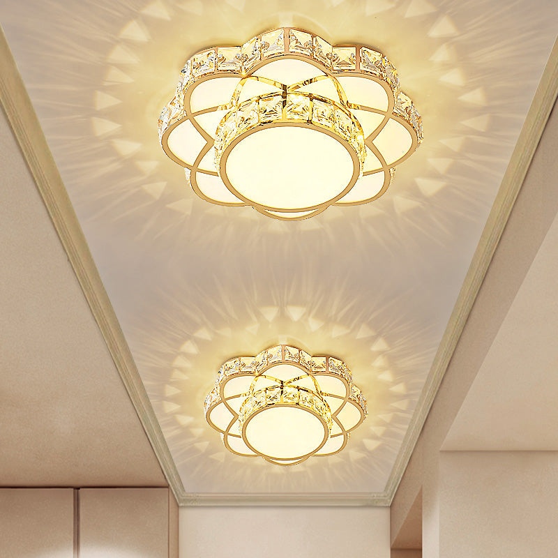 Crystal-Encrusted Gold Flush Mount Ceiling Light with Contemporary Floral Design and LED Technology