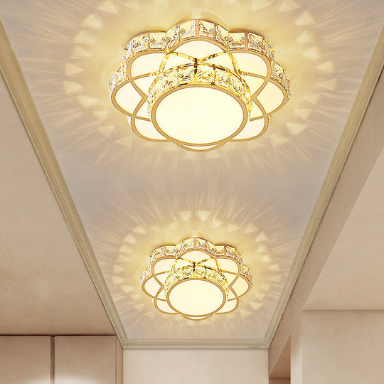 Crystal-Encrusted Gold Flush Mount Ceiling Light with Contemporary Floral Design and LED Technology