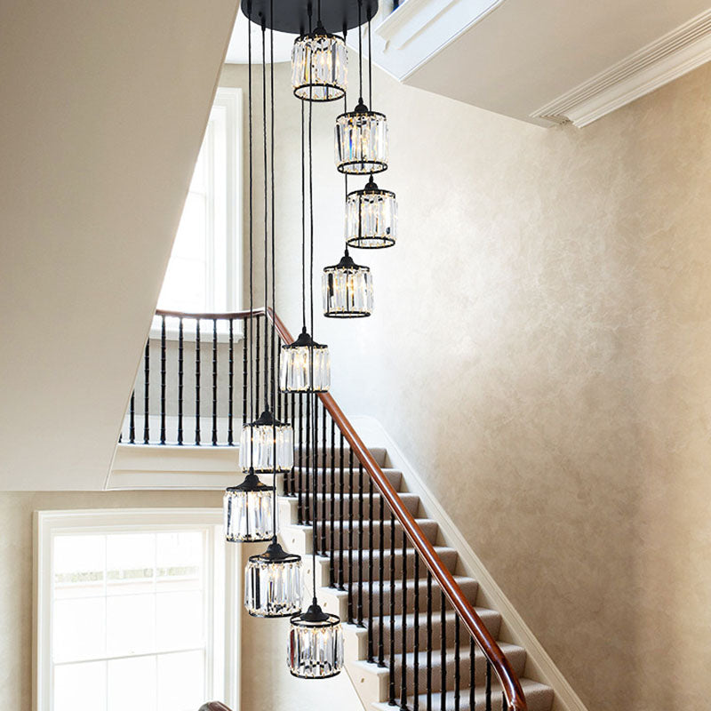 Modern Drum Multi-Light Pendant with Tri-Prism Crystal Staircase Hanging Lighting in Black