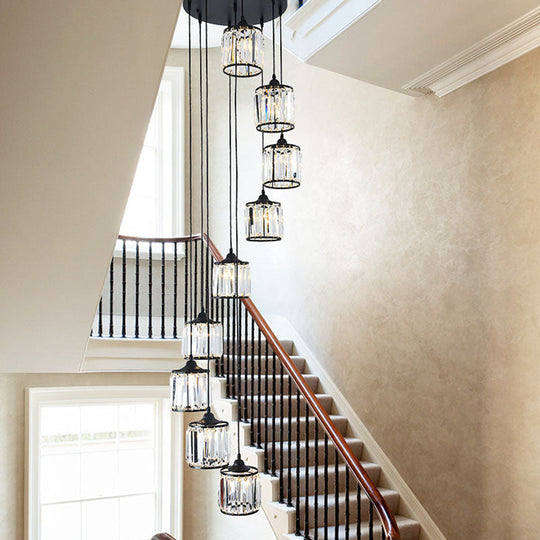 Modern Drum Multi-Light Pendant with Tri-Prism Crystal Staircase Hanging Lighting in Black