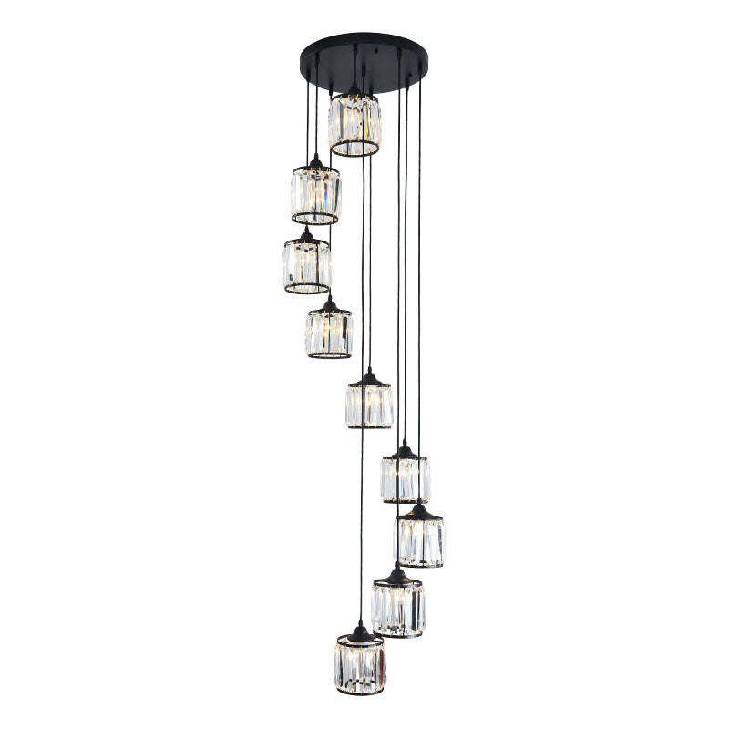 Modern Drum Multi-Light Pendant with Tri-Prism Crystal Staircase Hanging Lighting in Black