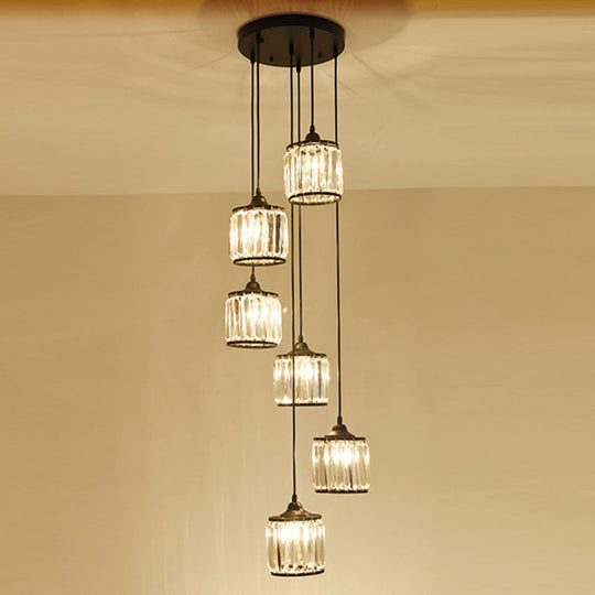 Modern Drum Multi-Light Pendant with Tri-Prism Crystal Staircase Hanging Lighting in Black